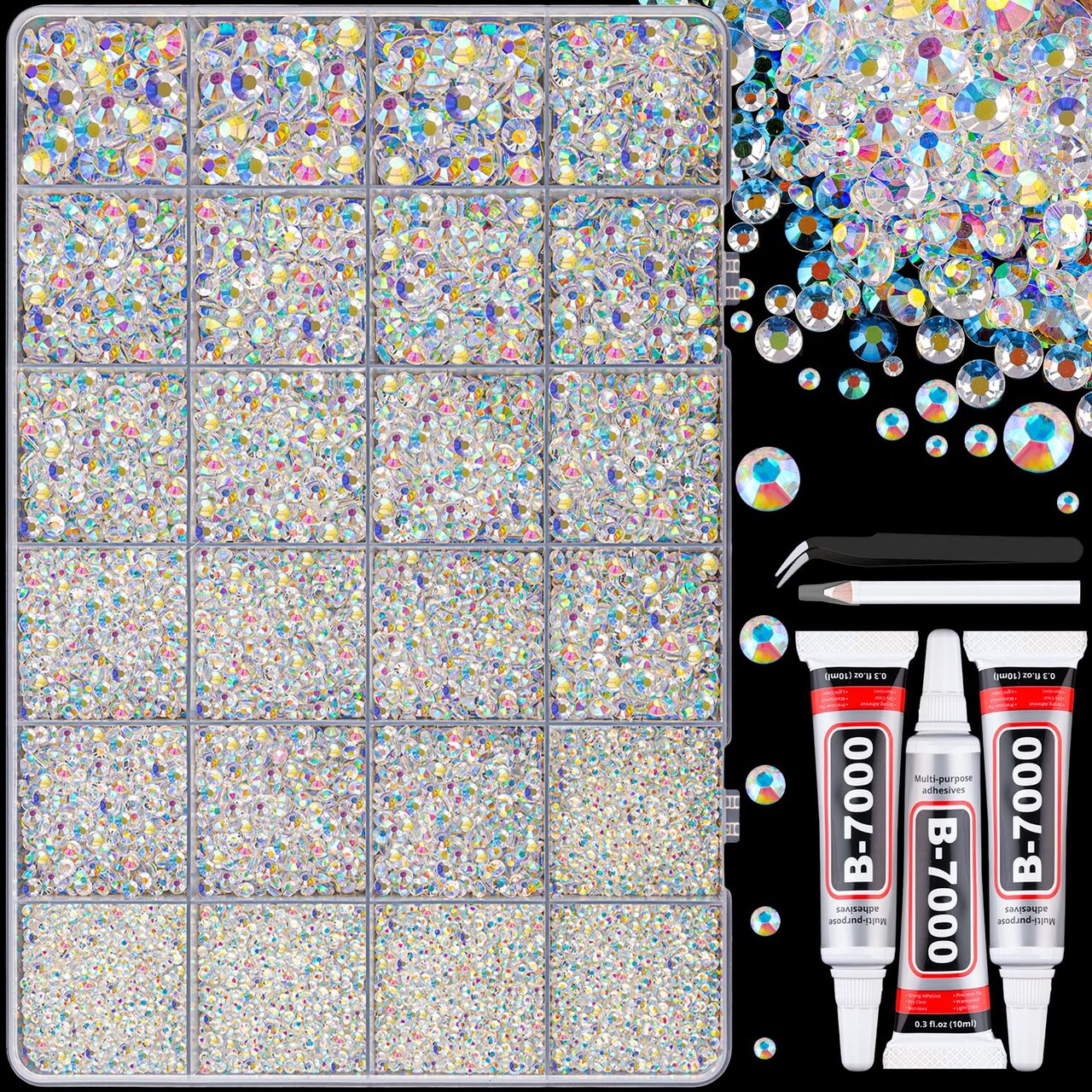 25000Pcs Resin Jelly Flatback Rhinestones with Tweezers and Glues - Transparent AB